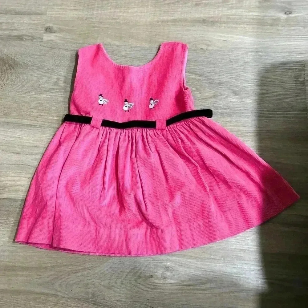 Vintage‎ Nannette Pink Corduroy Snowman Dress Sz 3